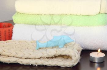 Towel pile with bast and dolphin form soap in the shower taken closeup.