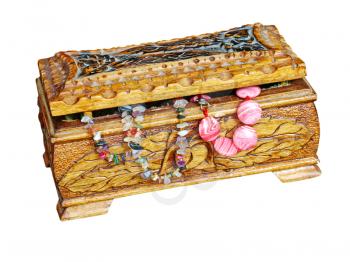 Wooden jewelry box with beads isolated on white background.