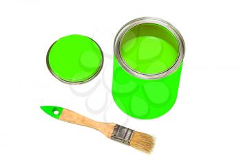 Bank of green paint and paintbrush isolated on white background.