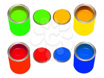 Set of multicolored paint cans isolated on white background.