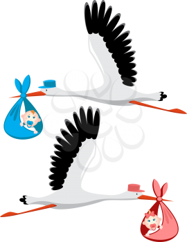 Stork delivering a newborn baby girl and boy