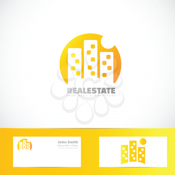 Vector logo template of orange real estate building of flats and moon with business card