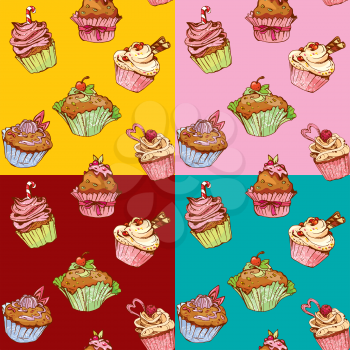 set of seamless patterns with decorated sweet cupcakes - background for cafe, menu, birthday design, etc.