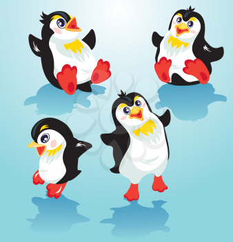 Set with funny penguins on blue icy background, cartoons for winter, Christmas or New Year design