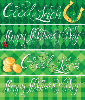 Set of 4 horizontal banners with calligraphic words Happy St. Patrick`s Day and Good Luck. Shamrock, horseshoe, ladybug and golden coins on green checkered background