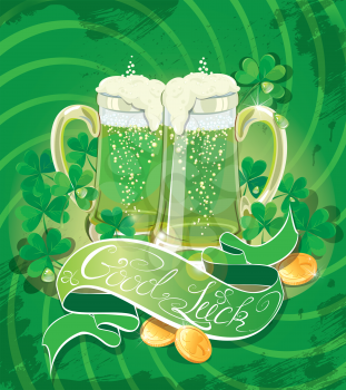 Holiday card with calligraphic words Good Luck and Beer mugs, Shamrock, golden coin on green background 