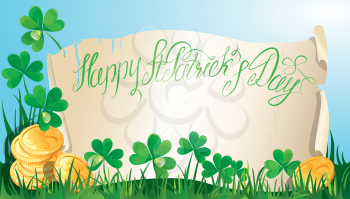 Holiday card with calligraphic words Happy St. Patrick`s Day. Old scroll, Shamrock and golden coin on blue sky background, horizontal image