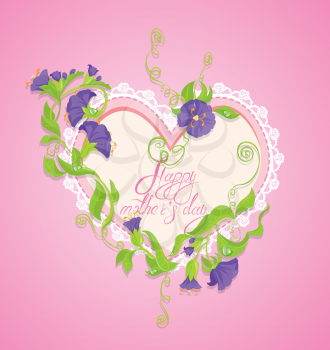Happy Mother's Day card. Heart is made of lace with violet flowers around on pink background.