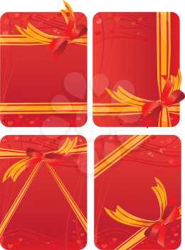 Set of gift cards - red backgrounds with hearts - with gift golden and red bows. Empty space for your text