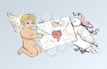 A vintage Valentine`s Day illustration of a cupid, letter and dove