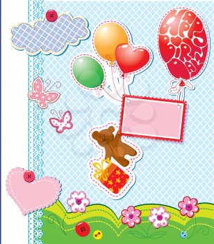 baby birthday card with teddy bear and gift box flying with balloons