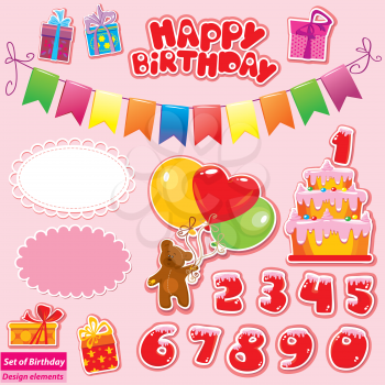 Set of Birthday Party Elements for your design with Teddy Bear, Cake, gift boxes, numerals