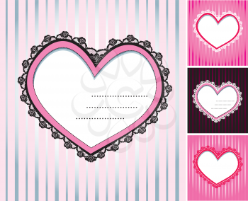 set of 4 hearts shape lace doily on stripe background