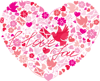 Valentine`s Day postcard - Heart is made of images flowers, doves, letters
