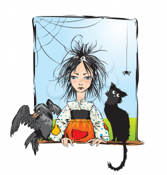 Baby witch with black cat, raven and spider looking out the window -color illustration