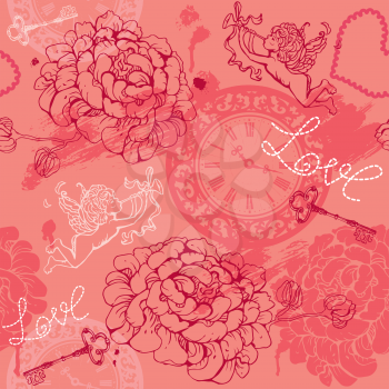 Valentines Day seamless pattern with hand drawn Cupid, flowers, keys and watches on pink background.