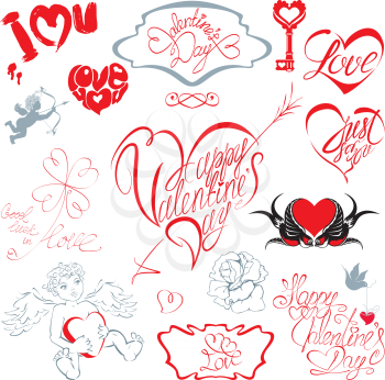 Set of hand written text: Happy Valentine`s Day, I love you, Just for you, etc. in heart shape. Calligraphic elements for holidays or wedding design in vintage style. 