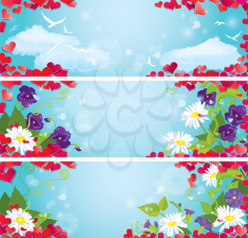 Set of Valentine`s Day horizontal banners with Red hearts confetti and wild flowers on blue sky background.