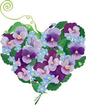 Heart shape is made of beautiful flowers - pansy and forget me not - floral  background.