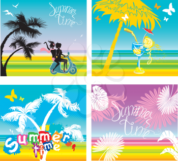 Set of summer, travel and vacations pictures - silhouettes of girls riding on scooter, tropical palms trees, butterflies, hand written text SUMMER TIME.