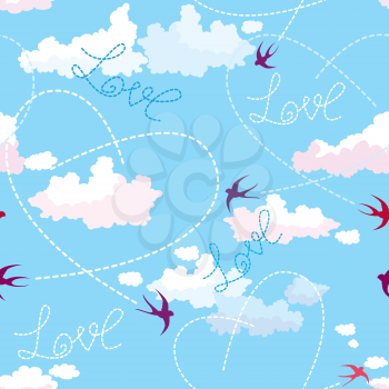 Seamless pattern with swallows, hearts and clouds on blue sky. Valentine`s Day background.
