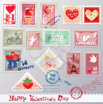 Set of vintage post stamps with hearts for Valentines Day design.