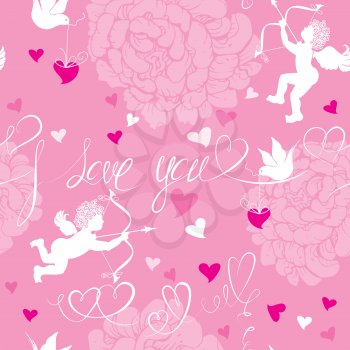 Love concept - seamless pattern with flowers, angel, dove and calligraphic text I love you. Valentine`s Day pink background