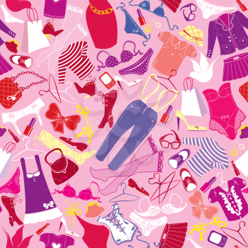 Seamless pattern for fashion Design - Silhouettes of glamor clothes and accessories - colorful images on  pink background.