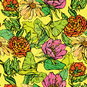 Floral Seamless Pattern with hand drawn flowers on yellow background. Ready to use as swatch. 