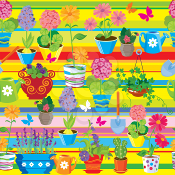 Seamless pattern with spring and summer flowers in pots. Ready to use as swatch