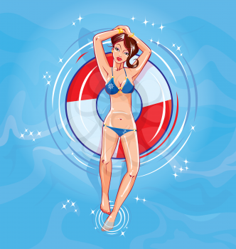 Cute girl dressing bikini floating on a lifebuoy in a swimming pool