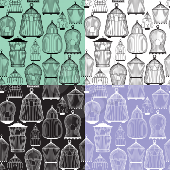 Set of seamless patterns with decorative bird cage Silhouettes. Ready to use as swatch