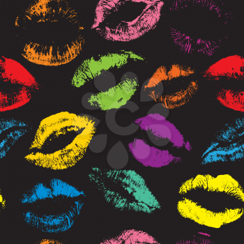 Seamless pattern with beautiful different colors lips prints on black background