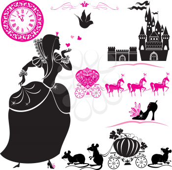 Fairytale Set - silhouettes of Cinderella, Pumpkin carriage with mouses, castle and clock.