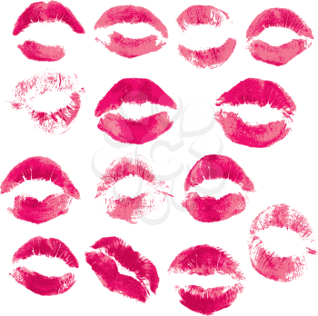 Set of beautiful red lips print on isolated white background 