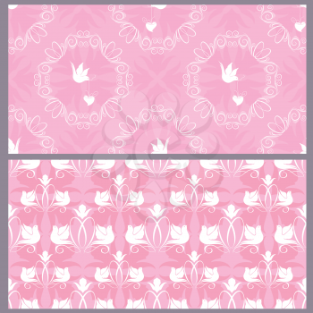 Set of wedding seamless pattern - floral ornament with wedding rings and doves in pink colors.