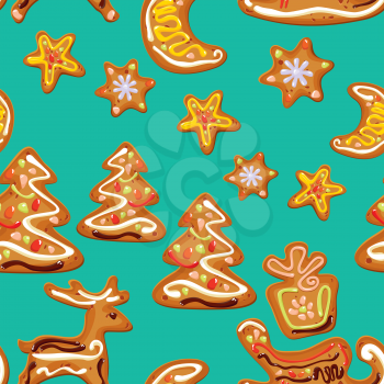 seamless christmas pattern  - xmas  gingerbread  on blue background- cookies in reindeer, star, moon and fir-tree shapes