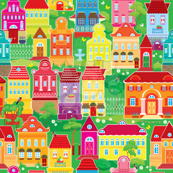 Seamless pattern with decorative colorful houses, spring or summer season. City endless background. Ready to use as swatch