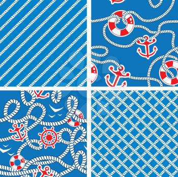 Set of Seamless nautical patterns on blue background with white rope, anchors, wheels, lifebuoy. Ready to use as swatch.