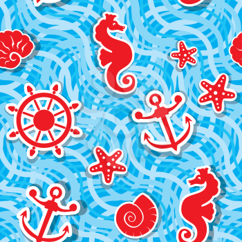 Seamless nautical pattern on light blue background with sea horses, sea stars, anchors, wheels, shells. Ready to use as swatch.
