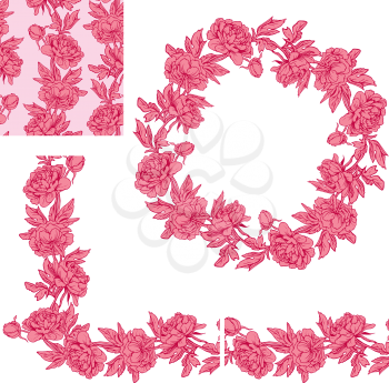 Set of ornaments - decorative floral border,  circle frame and seamless pattern with dahlia flowers in red and pink colors, isolated on white background.