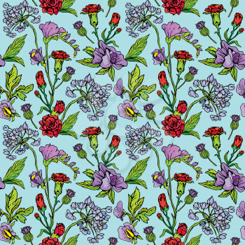 Seamless pattern with Realistic graphic flowers - hand drawn background.