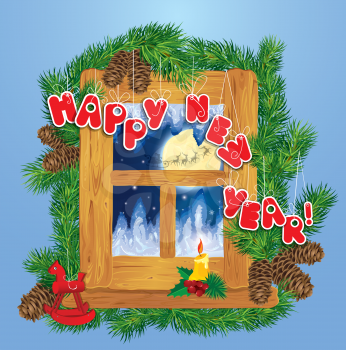 Christmas and New Year card with flying reindeers on sky background in wooden frosty window, fir tree branches, candle and horse toy.