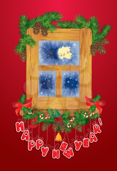 Christmas and New Year card with flying reindeers on sky background in wooden frosty window and fir tree branches. 
