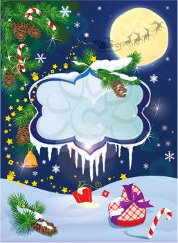 Christmas and New Year card with flying rein deers on sky background with glossy winter frames with snowdrifts and icicles, fir tree branches and presents.