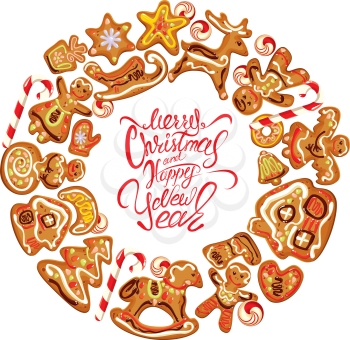 Holiday card. Round frame with xmas gingerbread isolated on white - cookies in reindeer, star, moon, people, heart, house and fir-tree shapes. Calligraphic text Merry Christmas and Happy New Year
