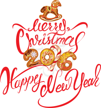 Hand written calligraphic text Merry Christmas and Happy New Year 2016 in gingerbread shape, isolated on white background. Year number as cookies. Winter holidays design element for cards, invitation.