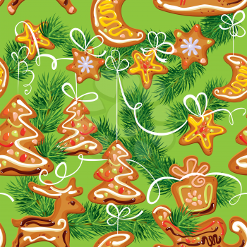 seamless christmas pattern - xmas gingerbread on green background - cookies in reindeer, star, moon and fir-tree shapes. 