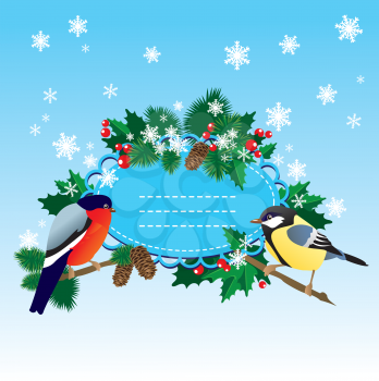 Bullfinch and  tit with Christmas tree - oval frame