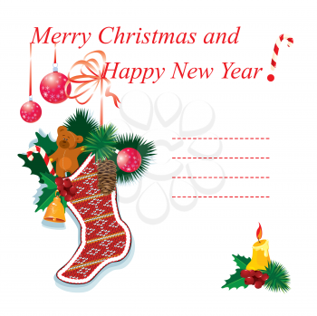 illustration of christmas sock with gifts on a white background